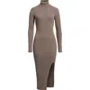 Open Edit Rib Long Sleeve Turtleneck Sweater Dress In Brown