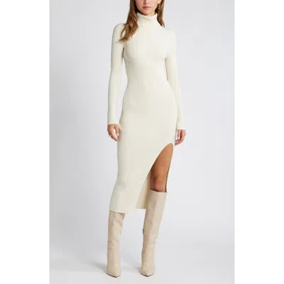 Open Edit Rib Long Sleeve Turtleneck Sweater Dress In Ivory Dove