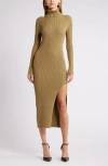Open Edit Rib Long Sleeve Turtleneck Sweater Dress In Olive Brine