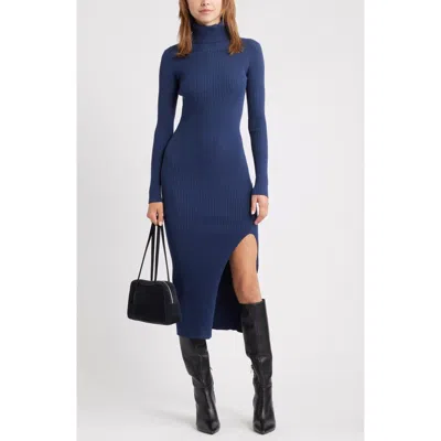 Open Edit Rib Long Sleeve Turtleneck Sweater Dress In Blue