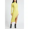 Open Edit Rib Long Sleeve Turtleneck Sweater Dress In Yellow Celery