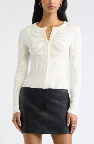 Open Edit Ribbed Crewneck Cardigan In Ivory Egret