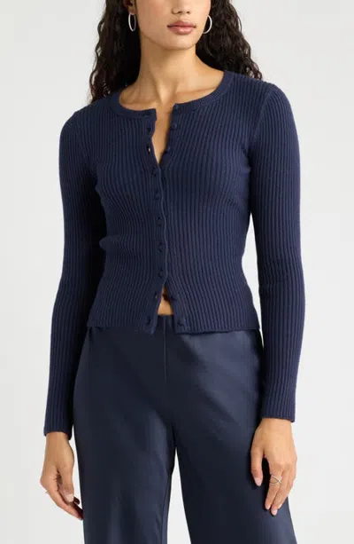 Open Edit Ribbed Crewneck Cardigan In Navy Night