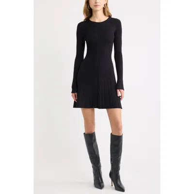 Open Edit Ribbed Long Sleeve Sweater Minidress In Black