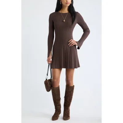 Open Edit Ribbed Long Sleeve Sweater Minidress In Brown
