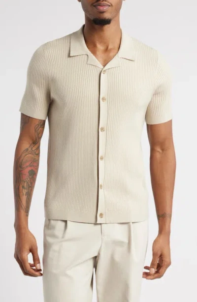 Open Edit Ribbed Short Sleeve Camp Collar Cardigan In Beige Birch