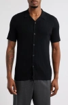 Open Edit Ribbed Short Sleeve Camp Collar Cardigan In Black