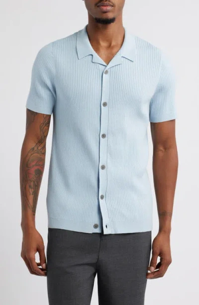 Open Edit Ribbed Short Sleeve Camp Collar Cardigan In Blue Subdued