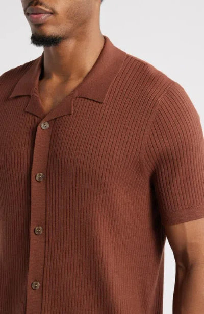 Open Edit Ribbed Short Sleeve Camp Collar Cardigan In Brown Tiramisu