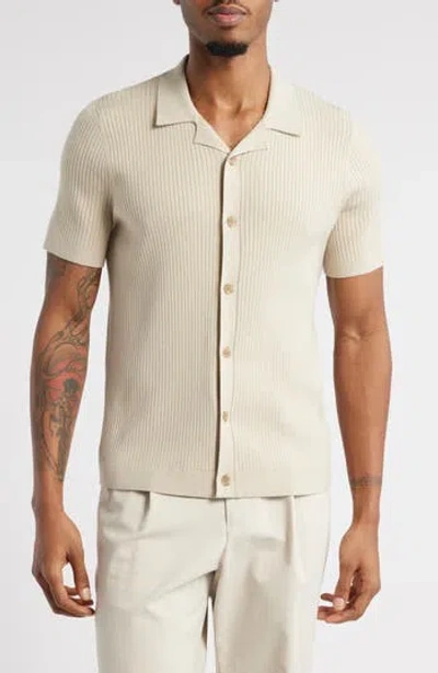 Open Edit Ribbed Short Sleeve Camp Collar Cardigan In Neutral