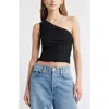 Open Edit Rosette One-shoulder Mesh Top In Black