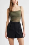 Open Edit Ruched Mesh Camisole In Green