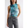 Open Edit Ruched Mesh Tank Top In Blue