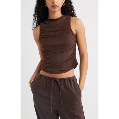Open Edit Ruched Mesh Tank Top In Brown