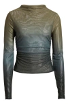 Open Edit Ruched Mock Neck Mesh Top In Olive Multi Ombre