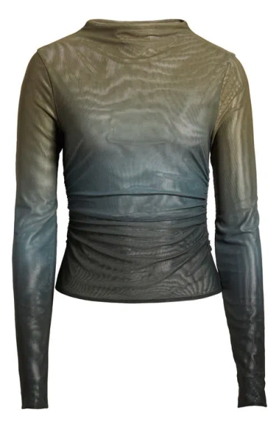 Open Edit Ruched Mock Neck Mesh Top In Olive Multi Ombre