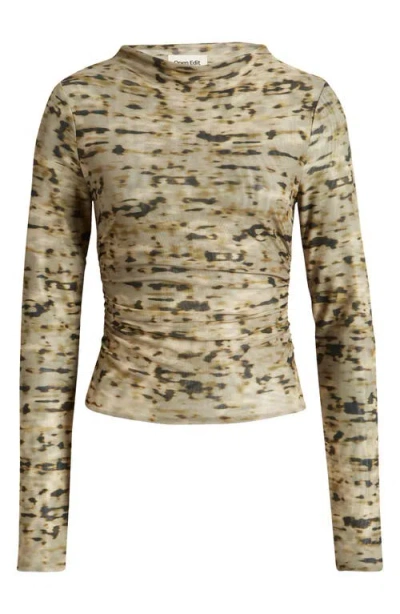Open Edit Ruched Mock Neck Mesh Top In Olive Shadow Dye