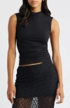 Open Edit Ruched Mock Neck Tank In Black