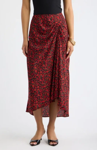 Open Edit Ruched Side Midi Skirt In Black Red Dara Ditsy