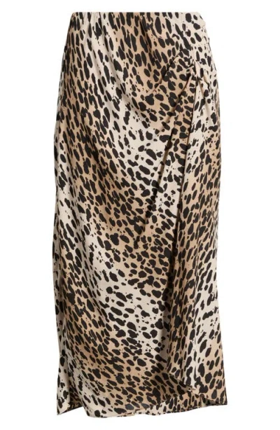 Open Edit Ruched Side Midi Skirt In Tan Brown C Leopard Spot