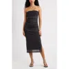 Open Edit Ruched Strapless Mesh Dress In Black