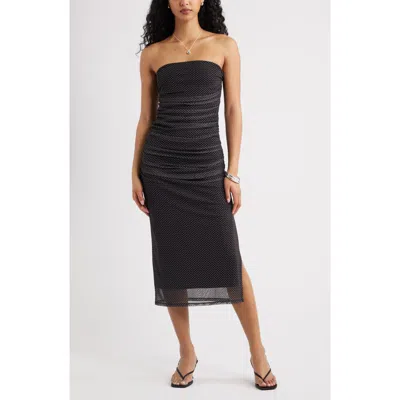 Open Edit Ruched Strapless Mesh Dress In Black