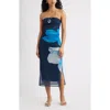 Open Edit Ruched Strapless Mesh Dress In Blue