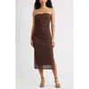 Open Edit Ruched Strapless Mesh Dress In Brown