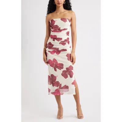 Open Edit Ruched Strapless Mesh Dress In White