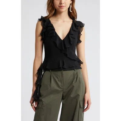 Open Edit Ruffle Sleeveless Crop Top In Black