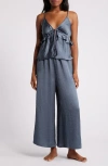 Open Edit Ruffle Tie Front Crop Wide Leg Satin Pajamas In Blue Weather