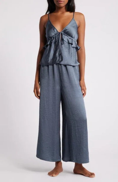 Open Edit Ruffle Tie Front Crop Wide Leg Satin Pajamas In Blue Weather