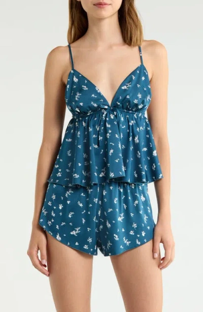 Open Edit Satin Two-piece Camisole And Shorts Sleep Set In Blue
