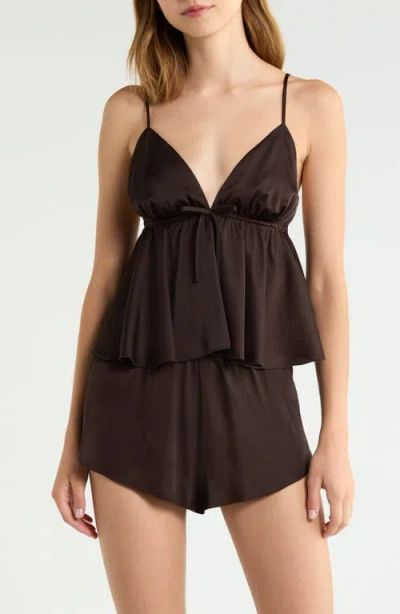 Open Edit Satin Two-piece Camisole And Shorts Sleep Set In Brown