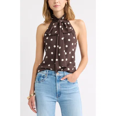 Open Edit Scarf Detail Sleeveless Mock Neck Top In Brown- Ivory Dottie Dots