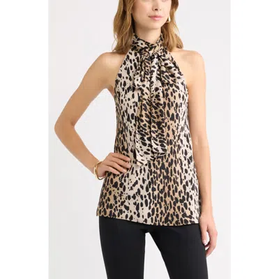 Open Edit Scarf Detail Sleeveless Mock Neck Top In Tan- Brown Leopard Spot