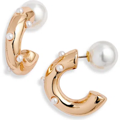 Open Edit Scattered Imitation Pearl Hoop Earrings In White- Gold