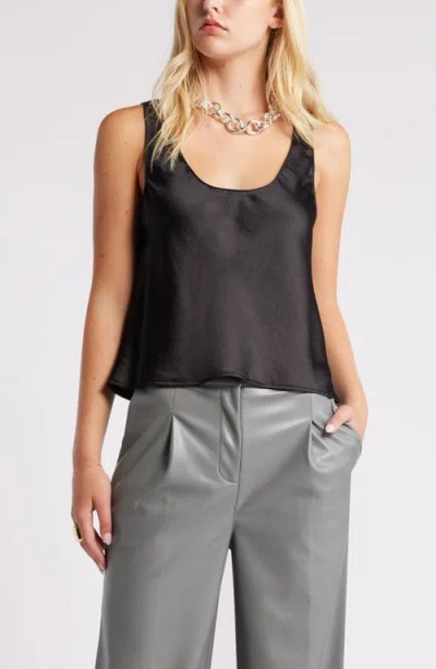 Open Edit Scoop Neck Satin Tank In Black