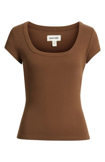 Open Edit Scoop Neck Stretch Cotton T-shirt In Brown