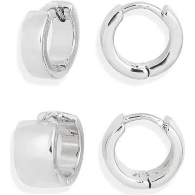 Open Edit Set Of 2 Huggie Hoop Earrings In Silver