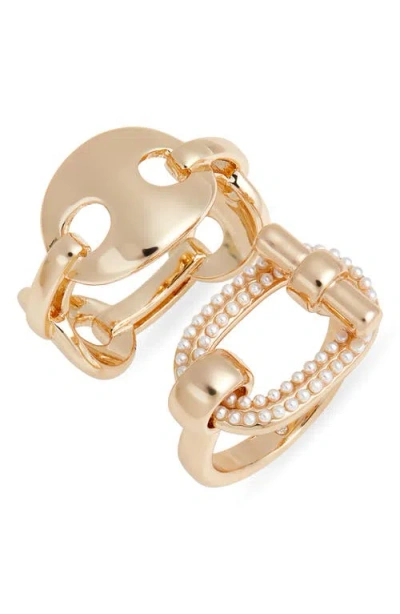 Open Edit Set Of 2 Micro Faux Pearl Rings In Gold