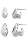 Open Edit Set Of 2 Molten Squared Huggie Hoop Earrings In Rhodium