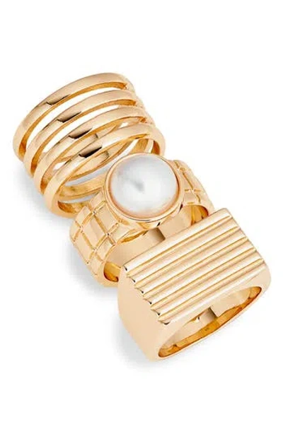 Open Edit Set Of 3 Faux Pearl Ridge Rings In White- Gold