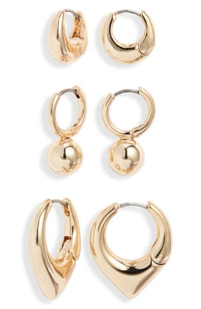 Open Edit Set Of 3 Geometric Huggie Hoop Earrings In Gold