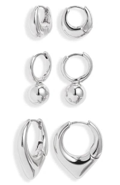 Open Edit Set Of 3 Geometric Huggie Hoop Earrings In Silver
