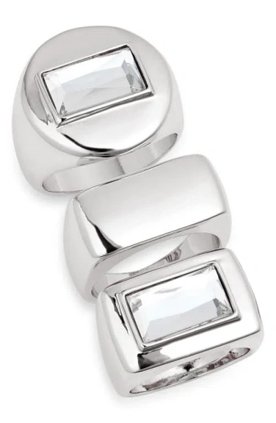 Open Edit Set Of 3 Polished Metal Rings In Clear- Rhodium