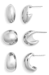 Open Edit Set Of 3 Puffy Hoop Earrings In Rhodium