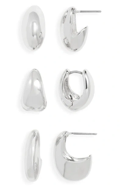 Open Edit Set Of 3 Puffy Huggie Earrings In Metallic