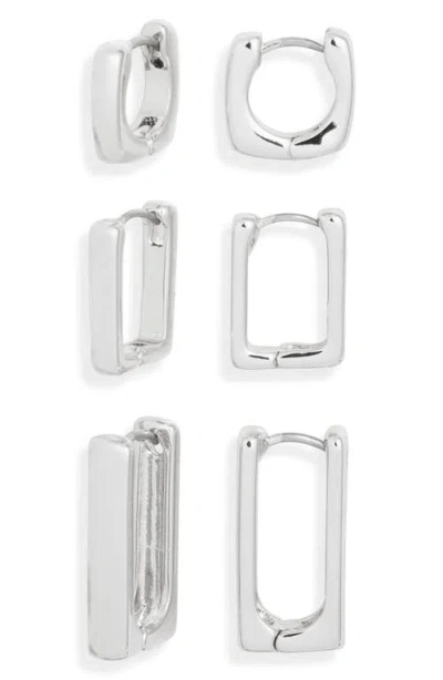 Open Edit Set Of 3 Square Huggie Hoop Earrings In Silver