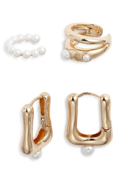 Open Edit Set Of 4 Cultured Pearl Ear Cuffs & Hoop Earrings In Gold